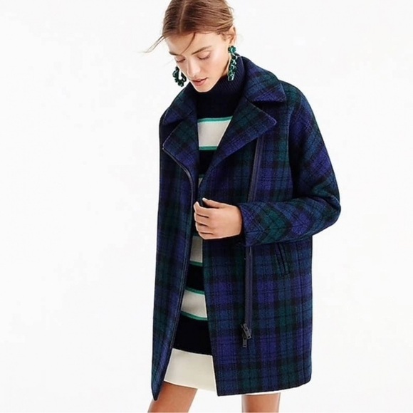 J. Crew Black Watch Tartan Wool Blue and Green Plaid Autumn Winter Coat Size 2 - Picture 4 of 12